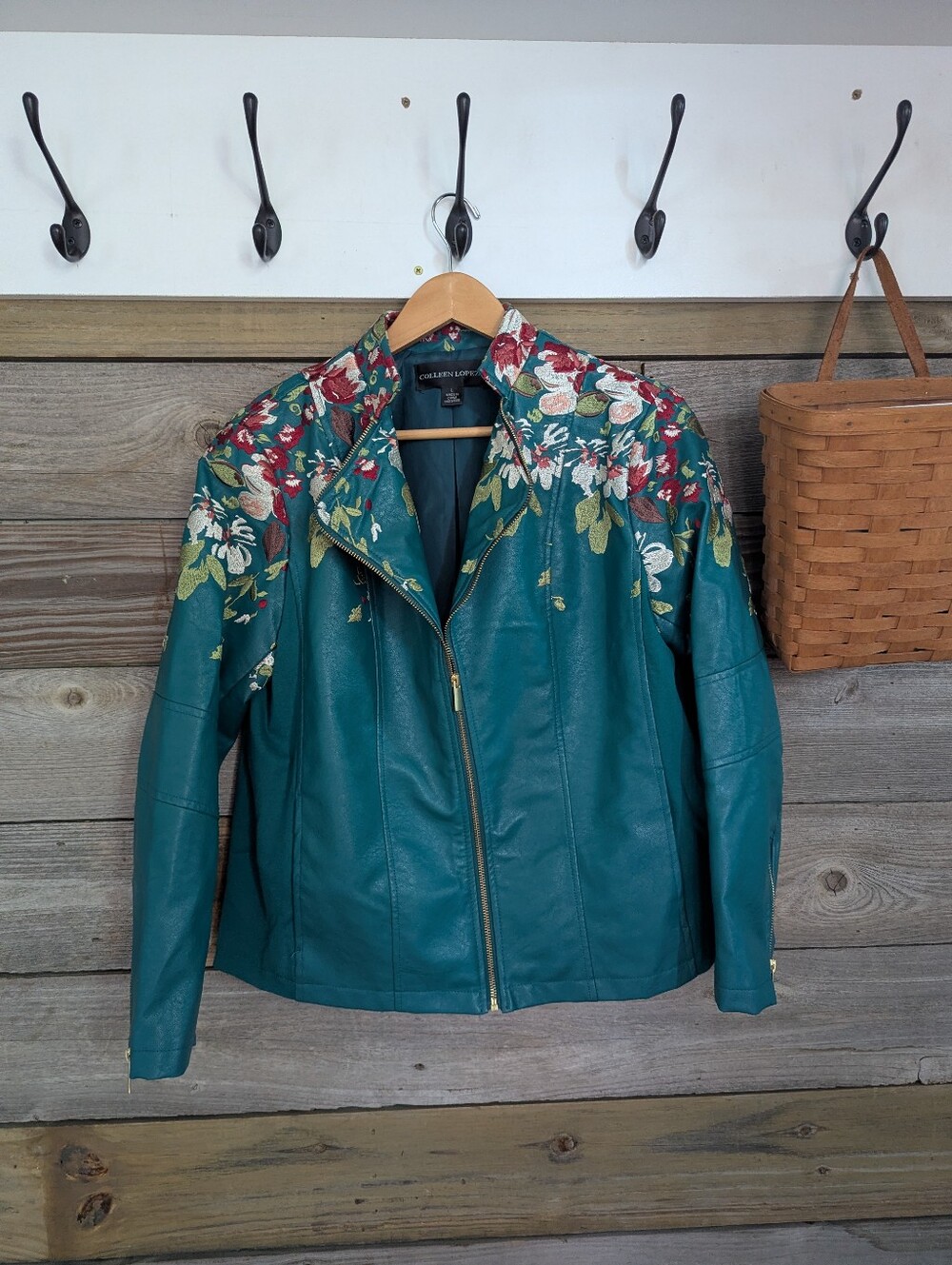COLLEEN LOPEZ faux Leather Teal Floral Embroidered Moto Jacket